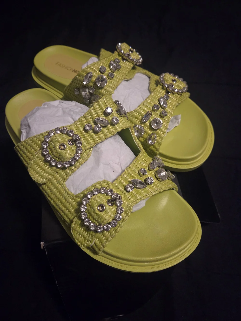 Fashion Nova Lime Green Jeweled Slide Sandals